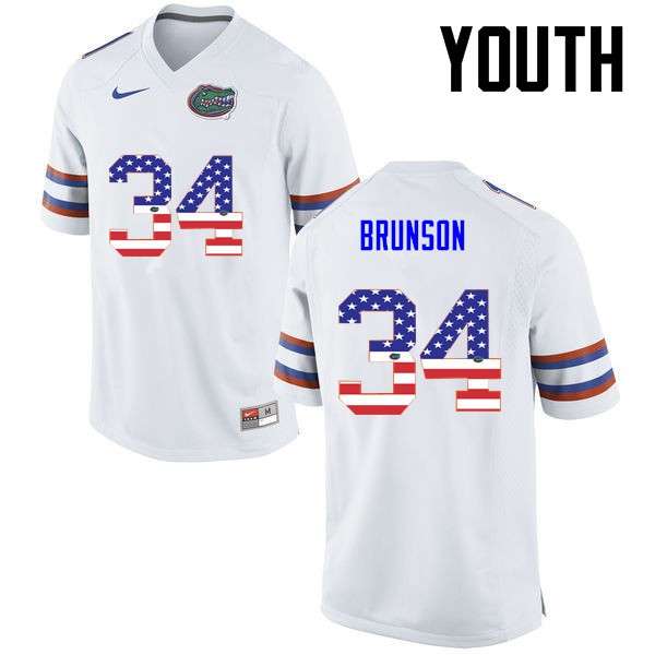 Florida Gators Youth #34 Lacedrick Brunson College Football USA Flag Fashion White